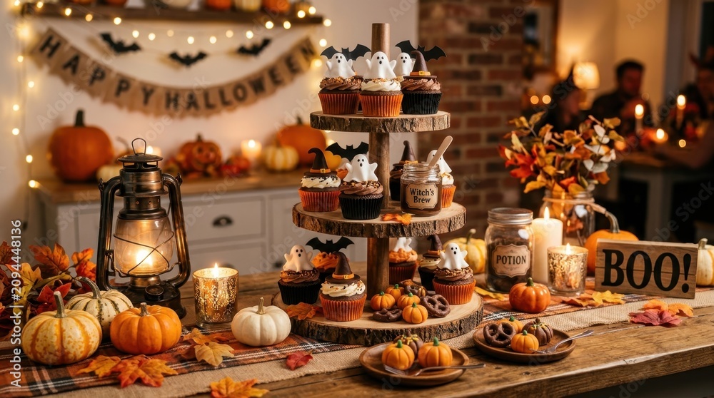 Fototapeta premium Festive Halloween Dessert Table Featuring Spooky Ghost and Witch Cupcakes on a Rustic Tiered Stand with Pumpkins Lantern and Warm Autumn Decorations
