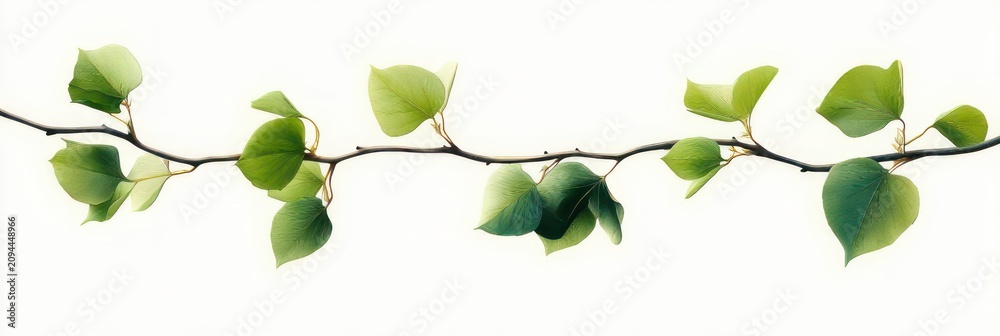 Obraz premium delicate horizontal vine twig with evenly spaced heart-shaped green leaves on a bright white background, calm and fresh minimalist serenity