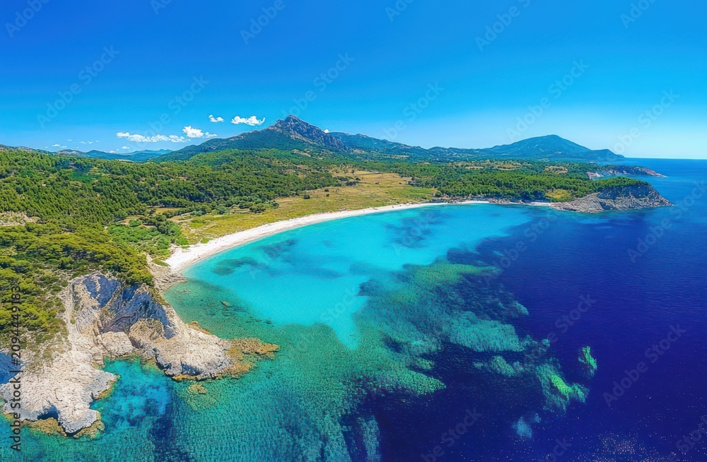 Fototapeta premium Aerial view of a curved sandy beach and turquoise bay with rocky cliffs, pine forest and distant mountains under a clear blue sky, evoking serene coastal calm