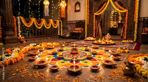 Beautifully decorated home courtyard for Diwali festival celebration featuring a colorful rangoli pattern on the floor surrounded by burning clay diyas
