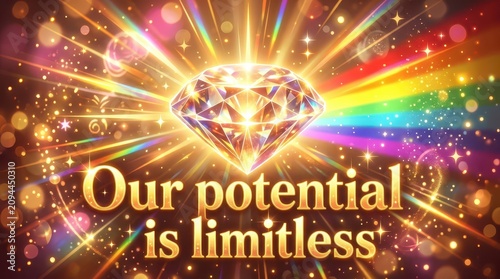 Brilliant Diamond Shining with Rainbow Light and Inspiring Message