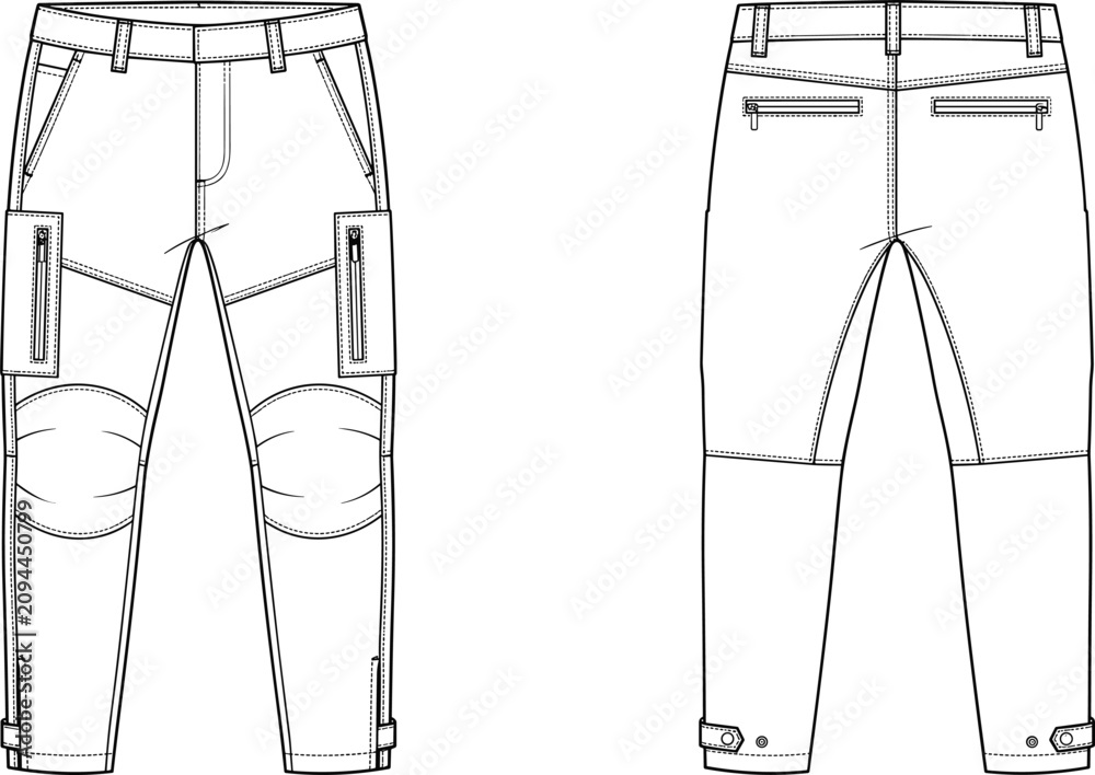 Obraz premium Technical Flat Sketch of Men's Tactical Cargo Pants Front and Back Vector Apparel Design