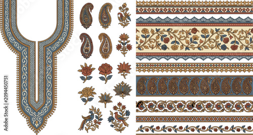 Tableau sur toile Traditional Mughal Floral Embroidery Neckline and Seamless Border Vector Set wit