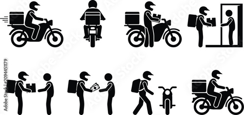 Delivery service motorcycle courier icons, food delivery man on scooter vector set, shipping and logistics stick figure pictograms
