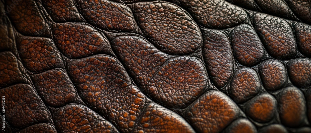 Naklejka premium close-up of warm brown pebbled leather texture with irregular raised scales, deep seams, glossy highlights and rugged organic pattern conveying tactile warmth and aged character