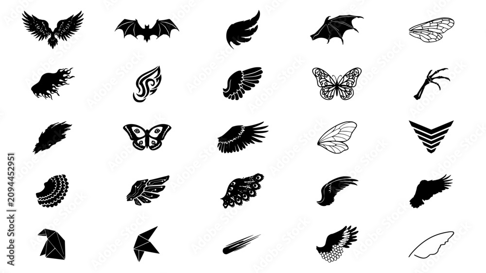 Fototapeta premium Wings in Various Shapes and Styles, Including Birds, Bats, Butterflies, and Insects, Depicted in Black and White