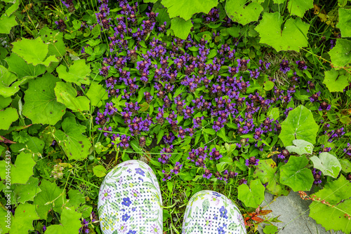 Gartenschuhe in einem Feld mit blauen Braunellen