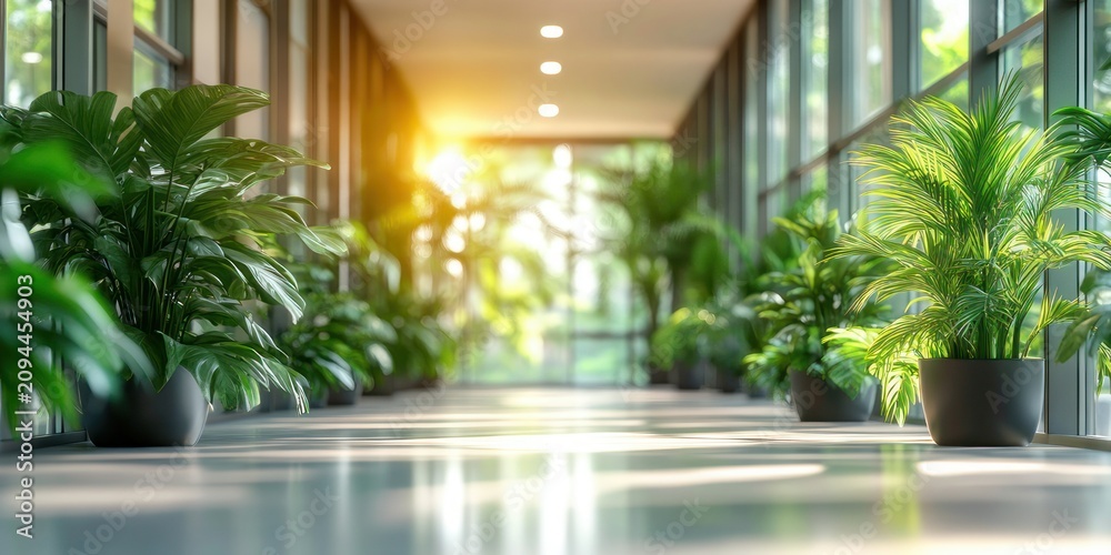 Fototapeta premium sunlit modern glass corridor lined with potted tropical plants and reflective floor, warm morning light creating a calm inviting atmosphere