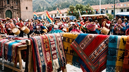 A vibrant and colorful outdoor festival in the Andean region, showcasing traditional indigenous dancers in authentic clothing performing in a public square