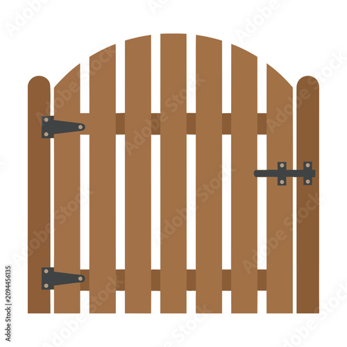 A simple wooden garden gate with an arched top and uniform vertical slats, featuring a latch and hinges, isolated on white. Home garden concept