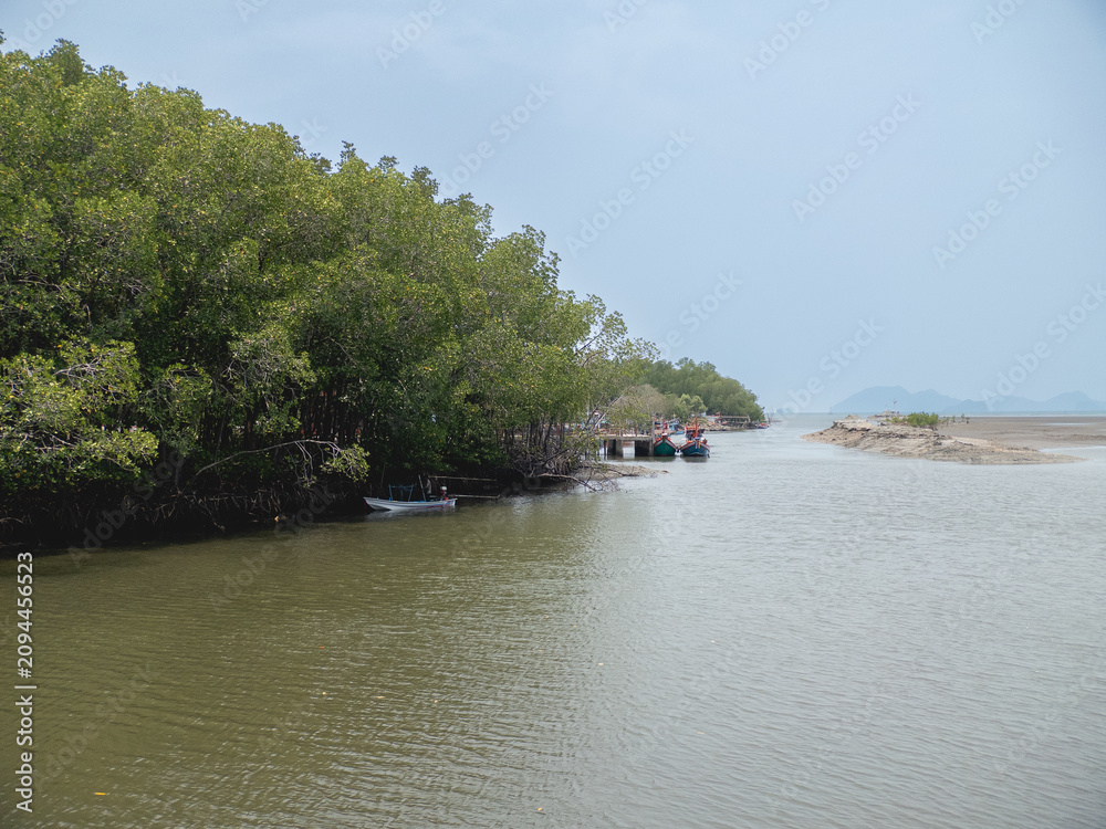 Fototapeta premium Tranquil Estuary with Lush Mangrove Forest, Small Fishing Boats, and Distant Mountains