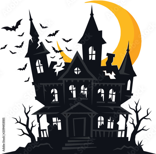 Spooky haunted house silhouette with bats and crescent moon.