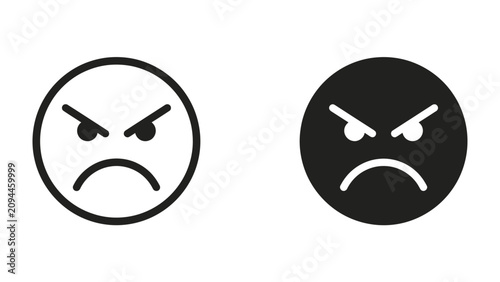 Canvas Print Frowning Face Icons: Two stylized icons representing anger and frustration, one in black and white line art and the other in a solid black circle, conveying strong negative emotions