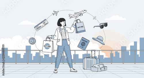 Woman juggling travel essentials, shopping bags, passport, sunglasses, hat & luggage
