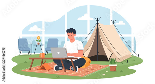 Man working on laptop in a campsite with tent and modern interior