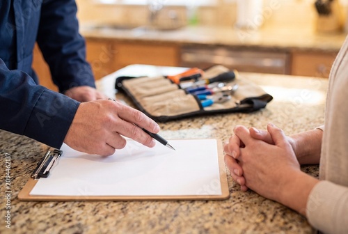 Handyman discussing home repair quote with resident in kitchen