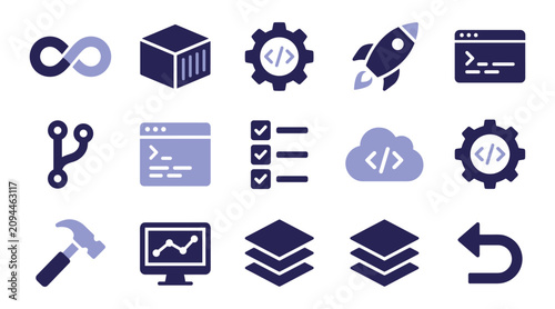 DevOps Pipeline and Continuous Integration Development Vector Icon Set with Infinity Loop Storage Container Code Gear Rocket Launch Version Branch and Terminal Symbols