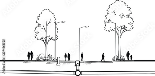 Architectural street section drawing, urban landscape design with trees and pedestrians, city planning vector illustration with street lights