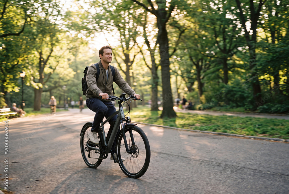 Fototapeta premium Young man riding electric bicycle on park path