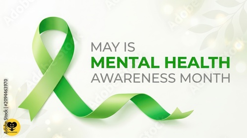 Green Ribbon and Text Announcing May as Mental Health Awareness Month image photo