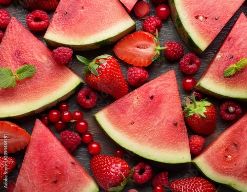 Top view of many watermelon slices, strawberries, red currants, raspberries pattern on brown background
