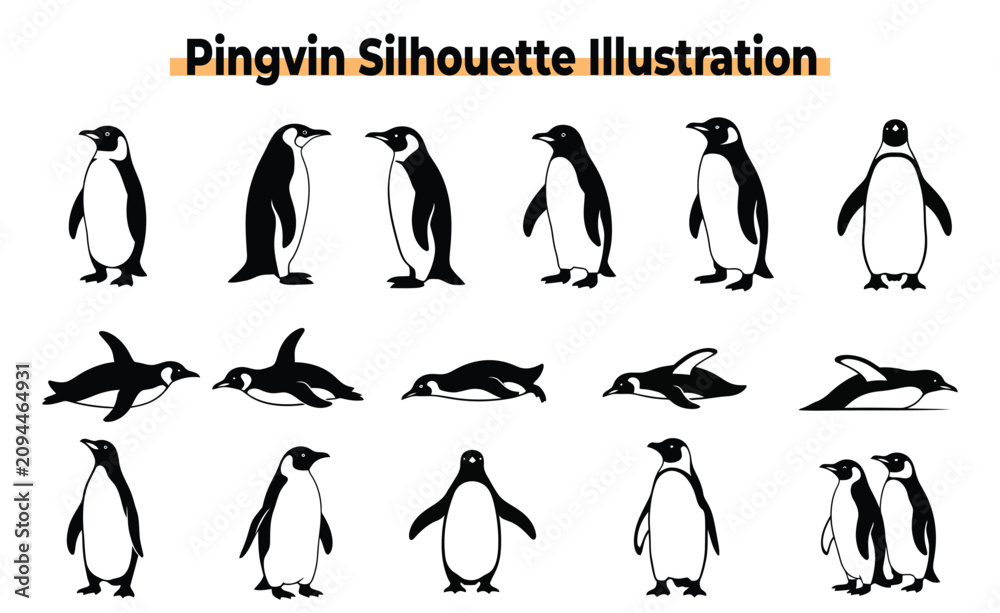 Obraz premium A Set of penguins silhouette vector Illustration.