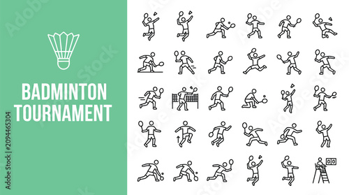 Collection of thin line icons depicting various badminton players in action poses during a competitive professional tournament sporting event match