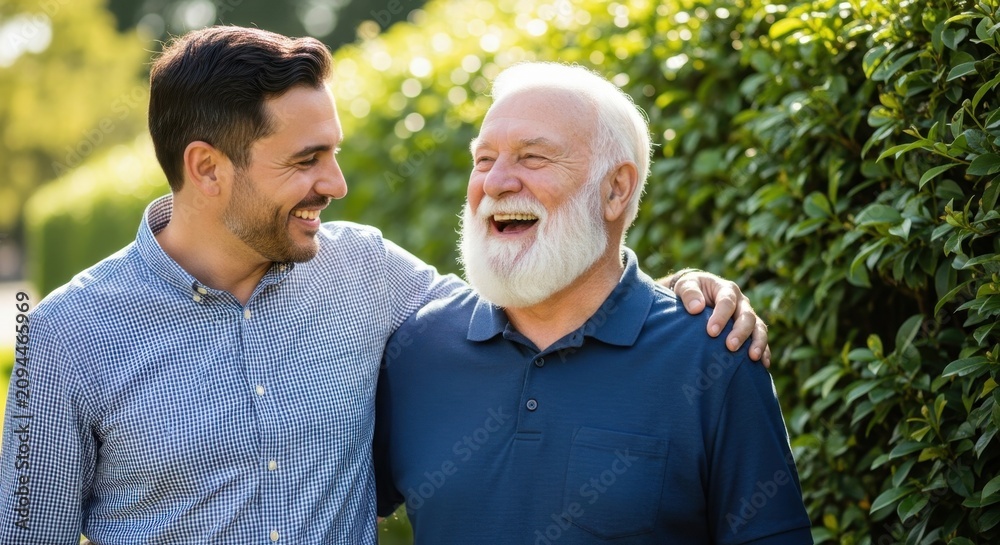 Fototapeta premium Joyful father and son sharing a laugh outdoors in warm sunlight surrounded by greenery, showcasing a strong family bond.