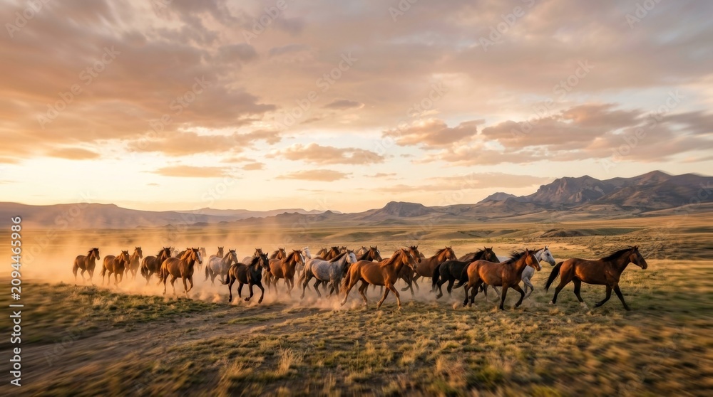 Fototapeta premium Herd of Horses Galloping Across Open Plains at Sunset in Wild West