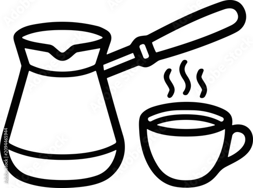 Bild auf Leinwand Turkish Coffee Pot and Cup Icon - Black and White Line Art