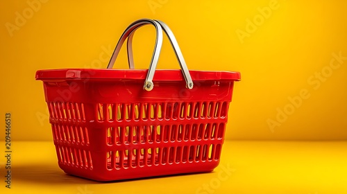 Red plastic shopping basket with metal handles standing empty on a vibrant yellow surface representing retail commerce, consumerism, and grocery store marketing campaigns