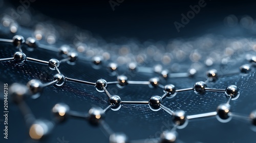 Graphene molecular structure showing hexagonal carbon lattice network with metallic spheres and connecting bonds for advanced nanotechnology research and material science
