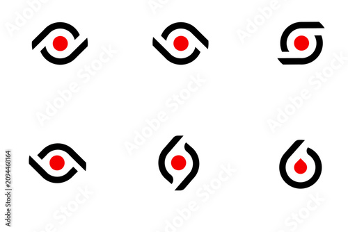 Set of abstract eye and number six logos with a red dot, modern minimalist design icons for corporate identity, business, and technology branding on a white background.