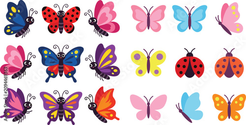 Cute cartoon colorful butterflies and ladybugs elements vector set with beautiful spring insects illustration collection