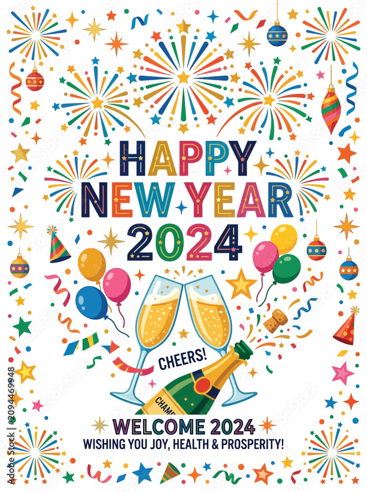 Obraz premium Festive new year celebration design with fireworks and champagne