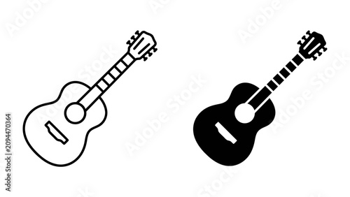 Картината върху платно Acoustic Guitar Icons: A set of two graphic representations of an acoustic guitar, one outlined and one filled in black, symbolizing music and artistic expression