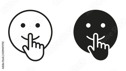 Photos Shushing Emoticon Icons: Two simple emoticon icons, one outlined and one solid black, with a finger pressed to the lips signaling for silence or secrecy