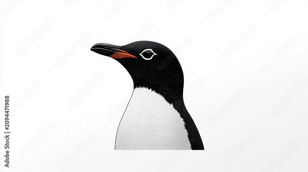 Fototapeta premium Minimalist portrait of a penguin head and neck on white background, calm and contemplative expression