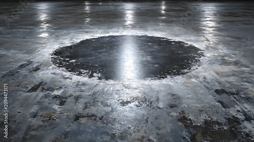Polished concrete floor with a circular steel plate reflecting bright overhead light in a spacious empty industrial warehouse or modern factory hangar interior