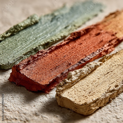 Cosmetic clay smears in earthy green terracotta and beige tones displayed on textured stone surface for organic skincare and beauty product marketing campaign