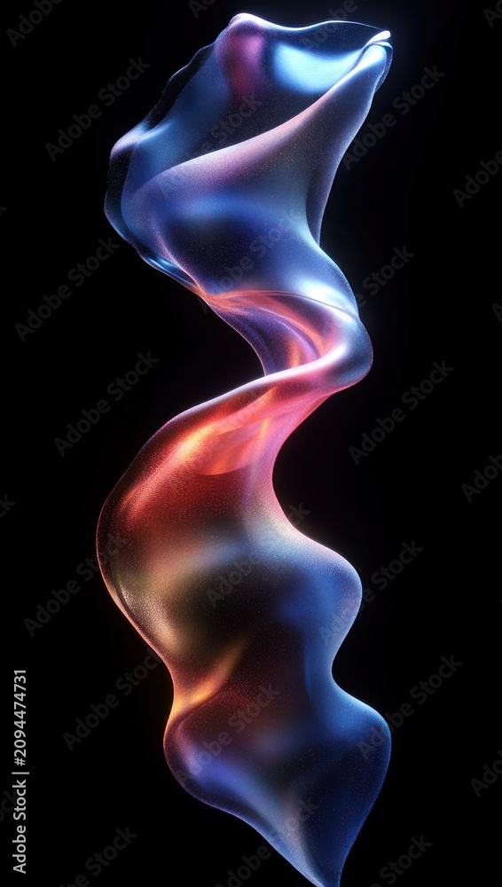 Naklejka premium Ethereal glowing translucent ribbon twisting vertically with iridescent blue purple and orange highlights and grainy shimmer on a black background, serene and otherworldly