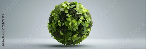 Green foliage sphere covered in lush leaves and moss floating in midair within a clean minimalist grey studio setting representing environmental conservation