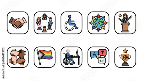 Diverse Inclusive Workforce Icon Set — 
10 Bold Black Outline White Background 
Corporate Team Equality Symbols EPS PNG