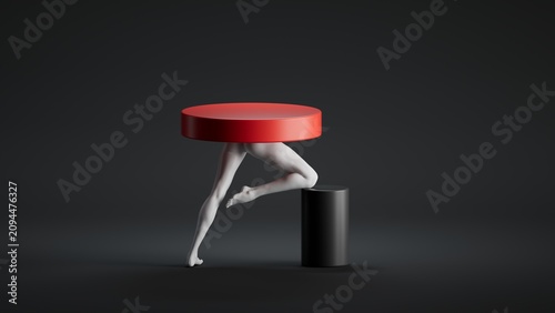 Obraz na płótnie A surreal scene features a white figure's legs balancing a red circular platform on a black cylinder against a dark background