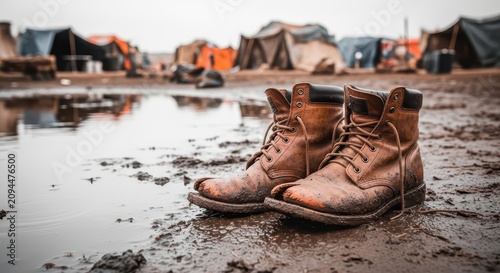 Mud-caked Leather Work Boots Resting Near an Abandoned Outdoor Camp