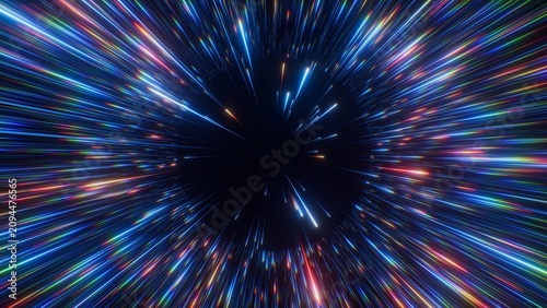 Vászonkép Multicolored light trails race into a dark center, creating a hyperspace tunnel effect