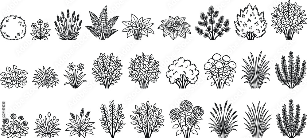 Fototapeta premium Minimalist garden plant icons set, 27 black and white line art shrub and bush vector elements, botanical landscape architecture symbols for site plans