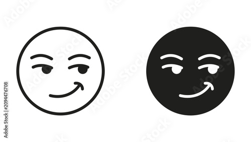 Foto Sly Smirk Emoticons: A set of two emoticon icons, one outlined in black and white, the other a solid black silhouette, both displaying a subtly mischievous and knowing smirk