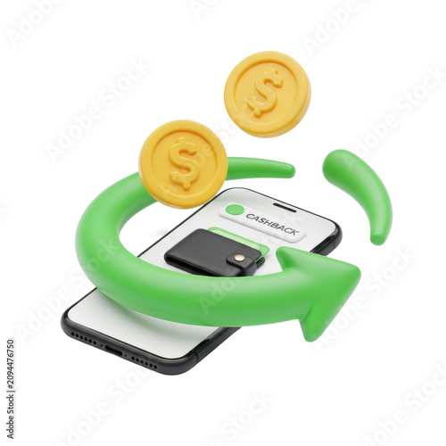 High-angle 3d render of a sleek black smartphone displaying a minimal digital wallet ui, encircled by a glossy green claymorphism arrow, isolated on transparent, successful conceptual representation
