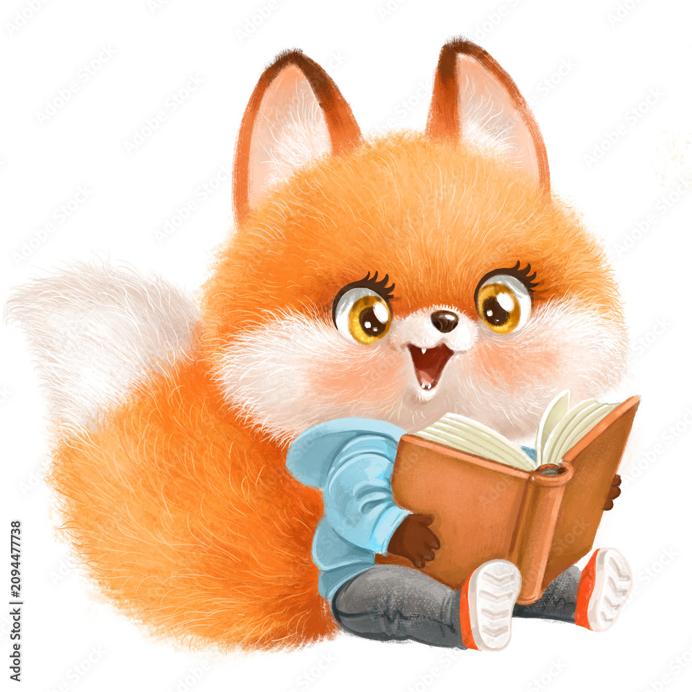 Fototapeta premium Cute cartoon fluffy red fox with a book sit on a white background